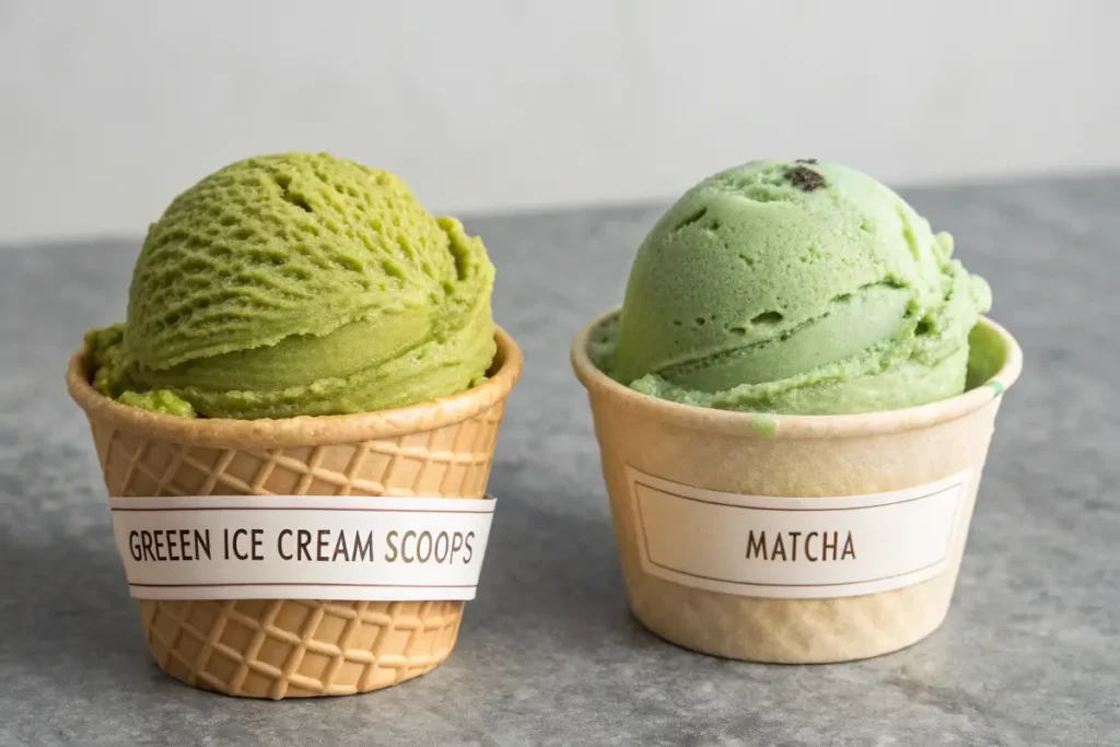 A side-by-side comparison of two scoops of green ice cream with different colorings.