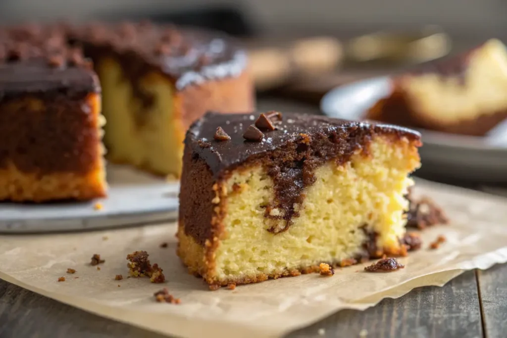 An enticing close-up photograph of a slice of Cornbread Chocolate Cake, showing the unique texture with visible cornmeal and chocolate swirls.