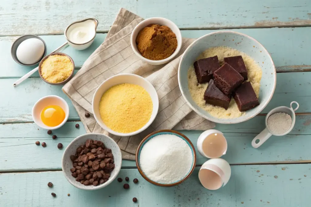 A beautifully arranged, slightly aerial view of ingredients for cornbread chocolate cake, highlighting textures and colors of each component.