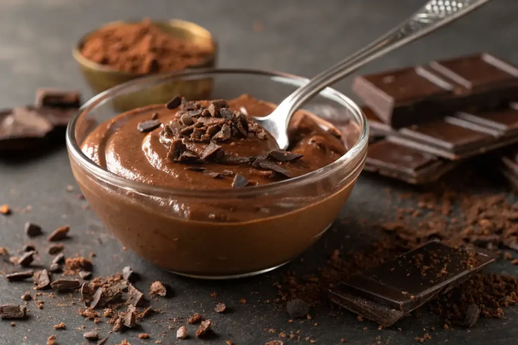 A close-up of creamy chocolate protein pudding with cocoa powder and chocolate shavings.