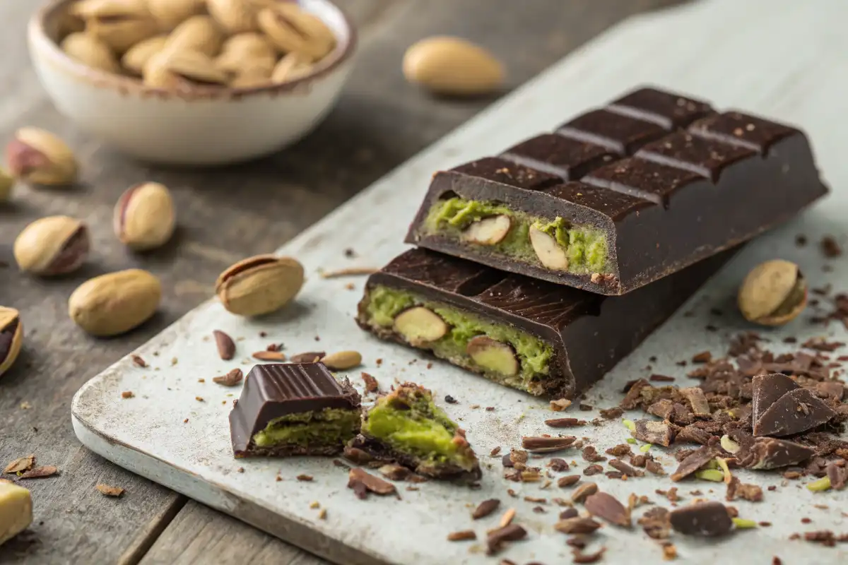 A close-up of a broken pistachio chocolate bar with pistachios and chocolate scattered around.