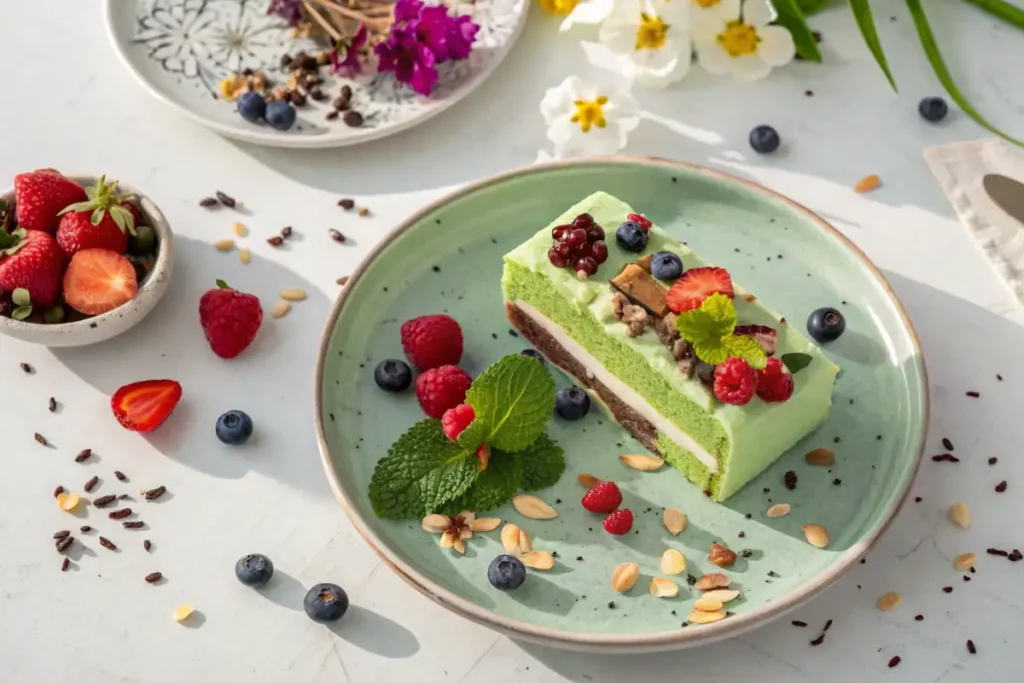 A beautifully decorated slice of green ice cream cake with various toppings.