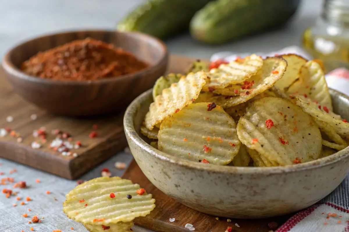 Close-up of spicy dill pickle chips with visible spices