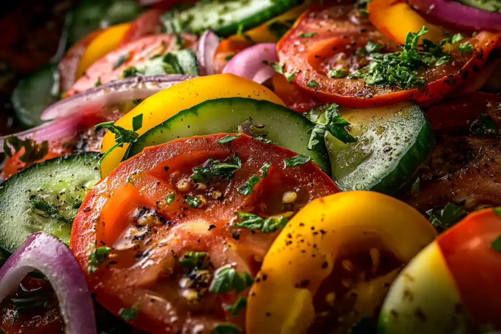  Close-up of a vibrant vegetable salad.