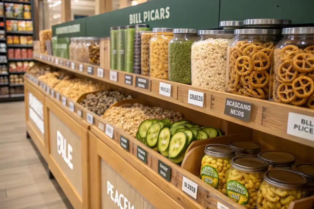 Grocery store shelf filled with dill pickle chips and other snacks