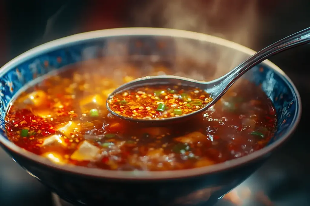 Bowl of Chinese hot and sour soup with spoon mid-scoop