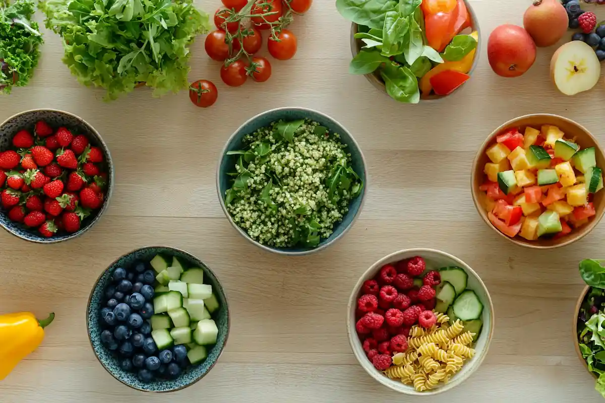 Featured image: Overhead shot of a colorful array of the 5 types of salads.