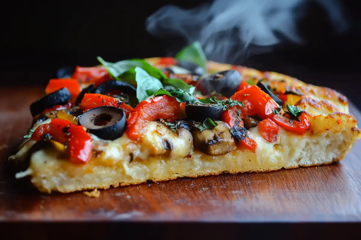 Featured image: Close-up of a slice of dairy free pizza with plant-based cheese and colorful toppings.