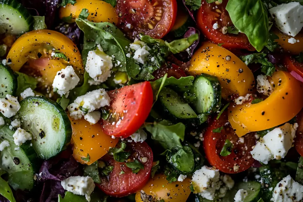 Featured image: Colorful mixed salad with fresh ingredients, vinaigrette, and herbs.