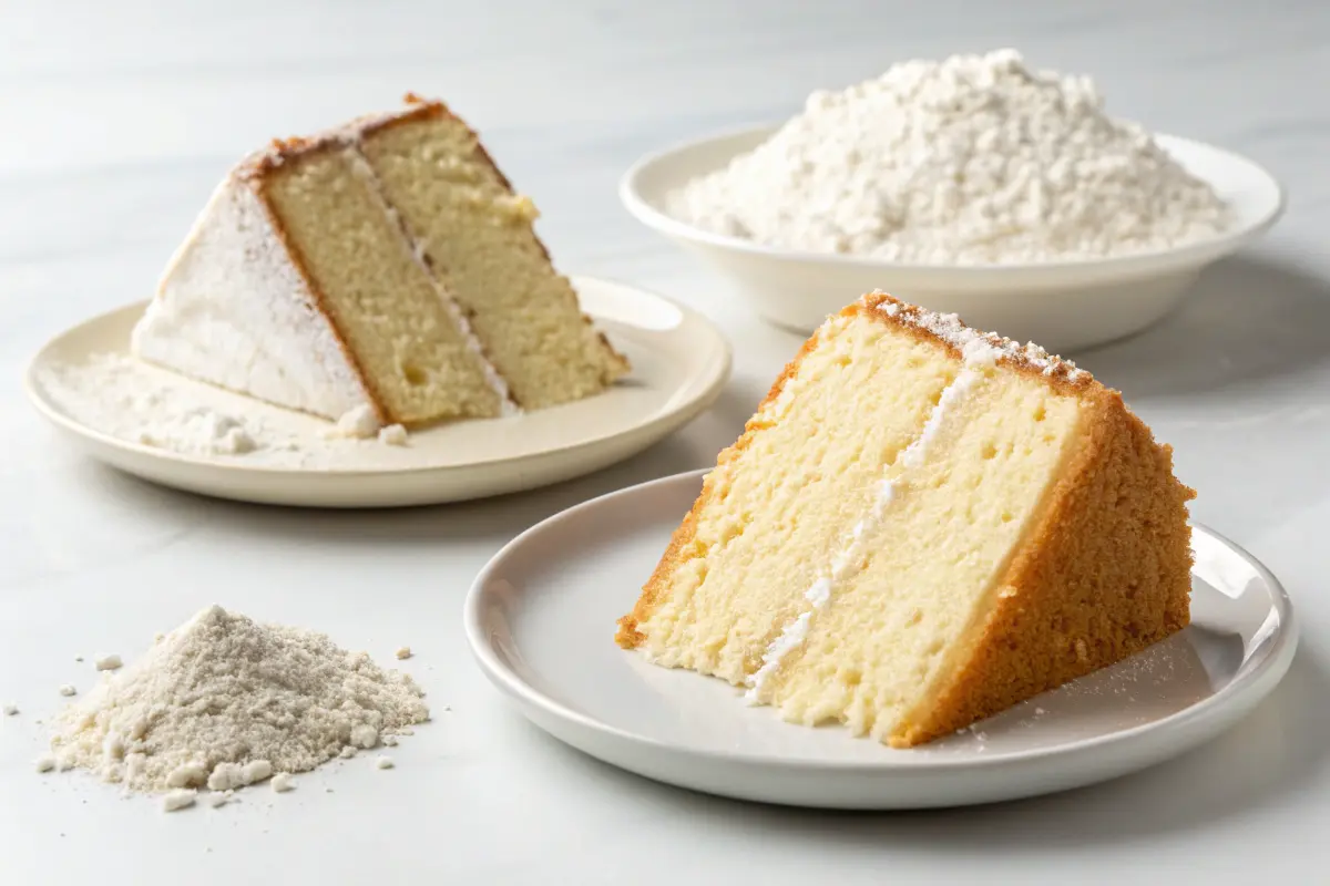 Side-by-side comparison of a light cake slice and a dense, cornbread-like cake slice.