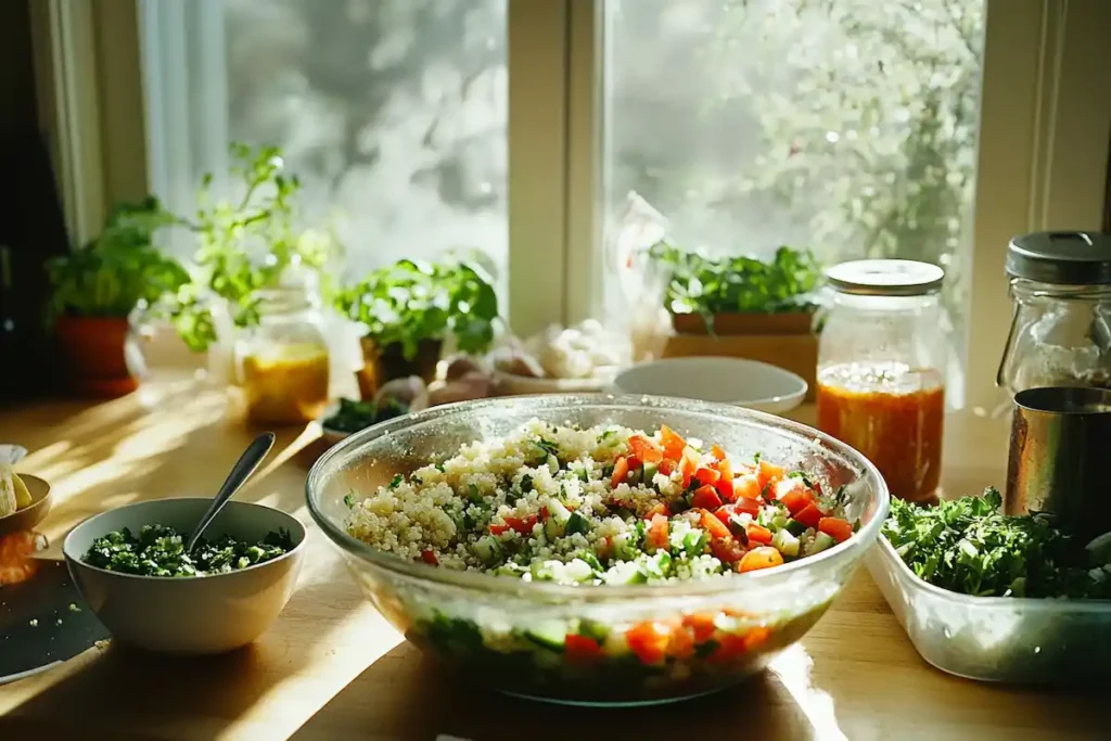 Scene of a grain salad being prepared with fresh ingredients.