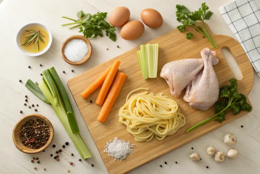 A flat-lay of raw ingredients for chicken noodle soup including chicken, vegetables, noodles, and herbs.