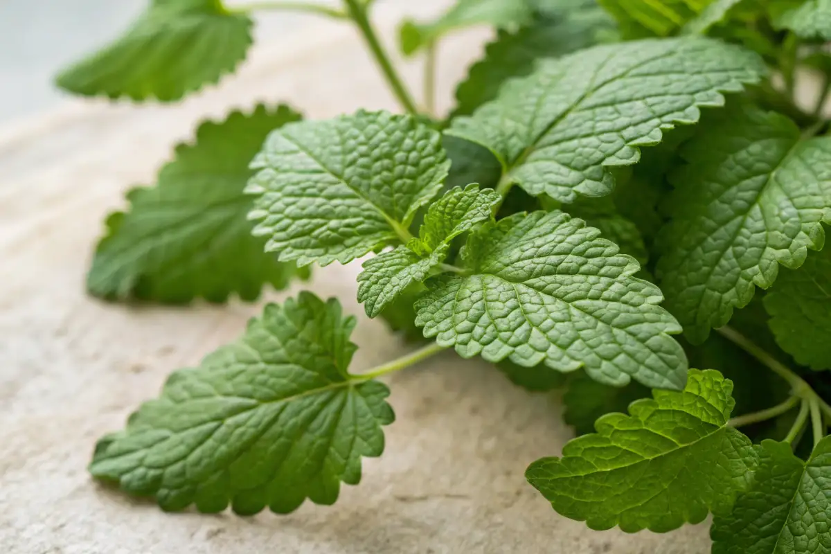 A close-up, overhead shot of vibrant, fresh lemon balm leaves, showcasing their texture and shape on a light background.