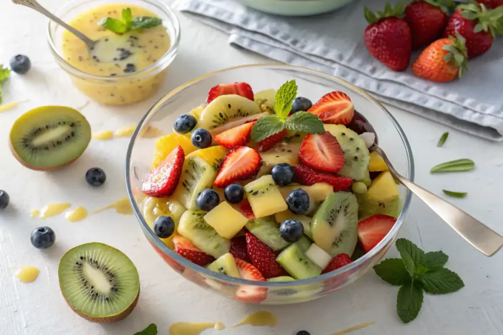  A vibrant image of a fresh fruit salad featuring sliced strawberries, blueberries, kiwi, mango, and pineapple in a clear glass bowl with citrus dressing.