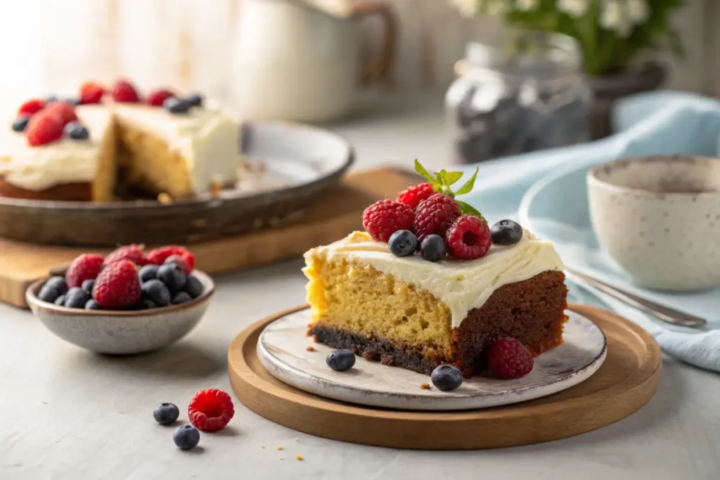 An inviting photograph of a slice of Cornbread Chocolate Cake with cream cheese frosting, garnished with fresh berries.