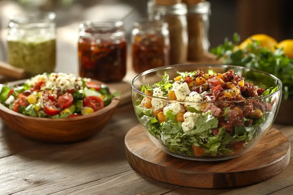 A rustic table shows a garden and a Cobb salad side by side.