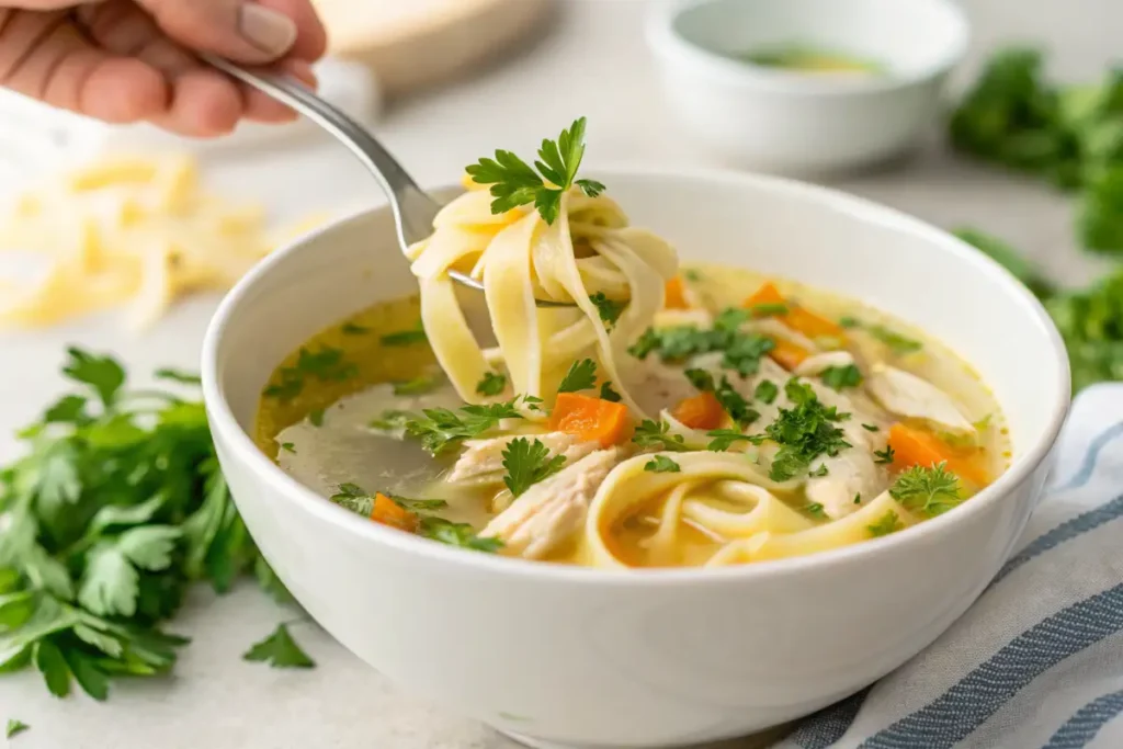 A hand garnishing a bowl of chicken noodle soup with fresh parsley.