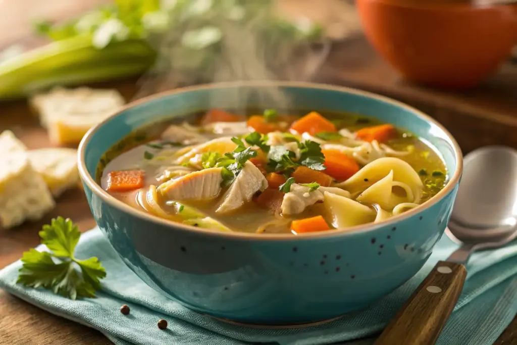 A bowl of steaming homemade chicken noodle soup with chicken, noodles, carrots, and celery.