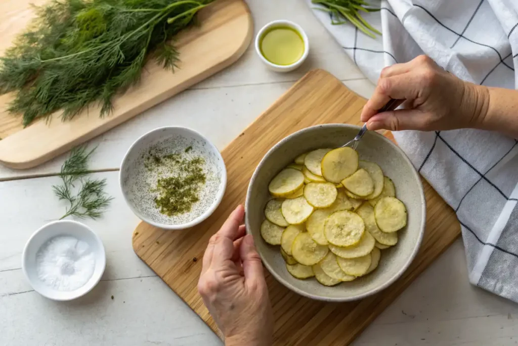 Preparing homemade dill pickle chips with potato slices and seasoning.