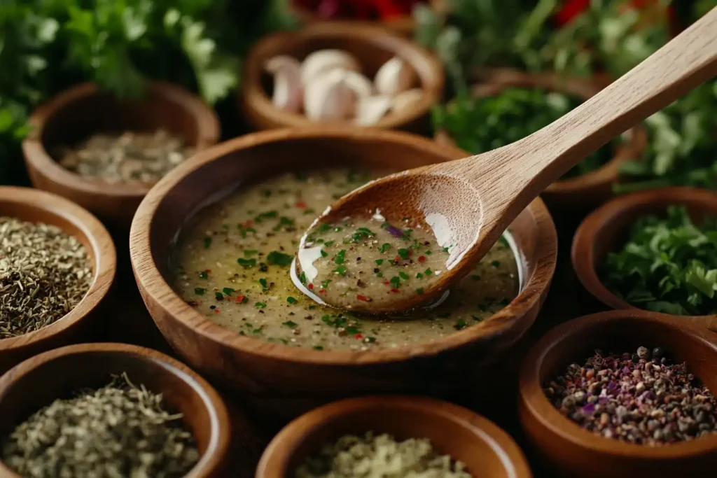 Close-up of a spoon dipping into homemade salad dressing surrounded by herbs and spices.