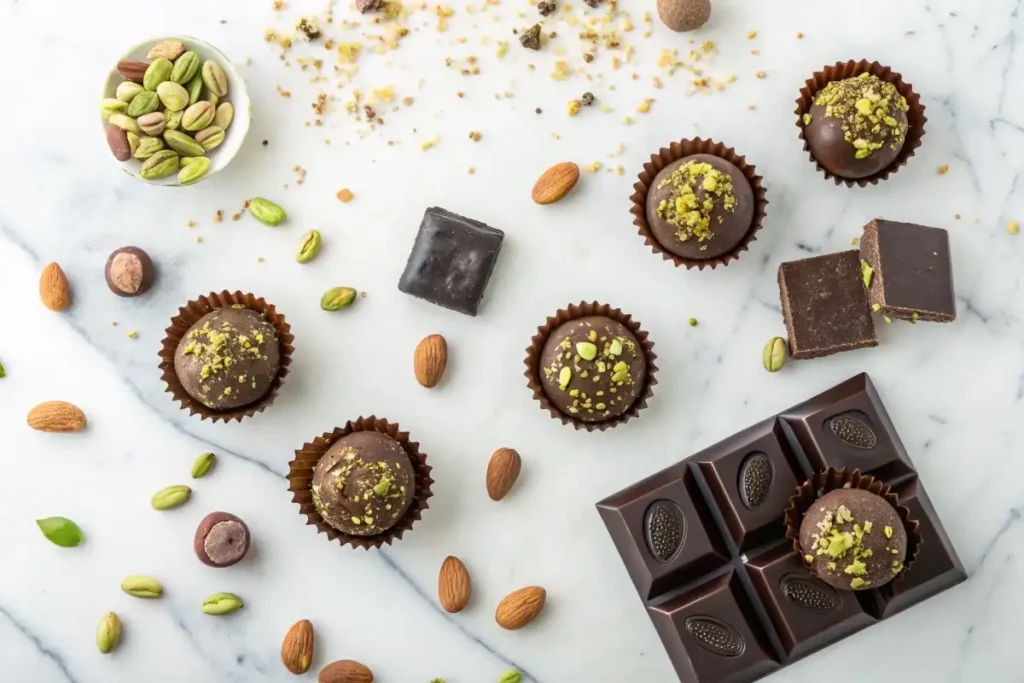 A top-down view of various homemade pistachio chocolate treats.