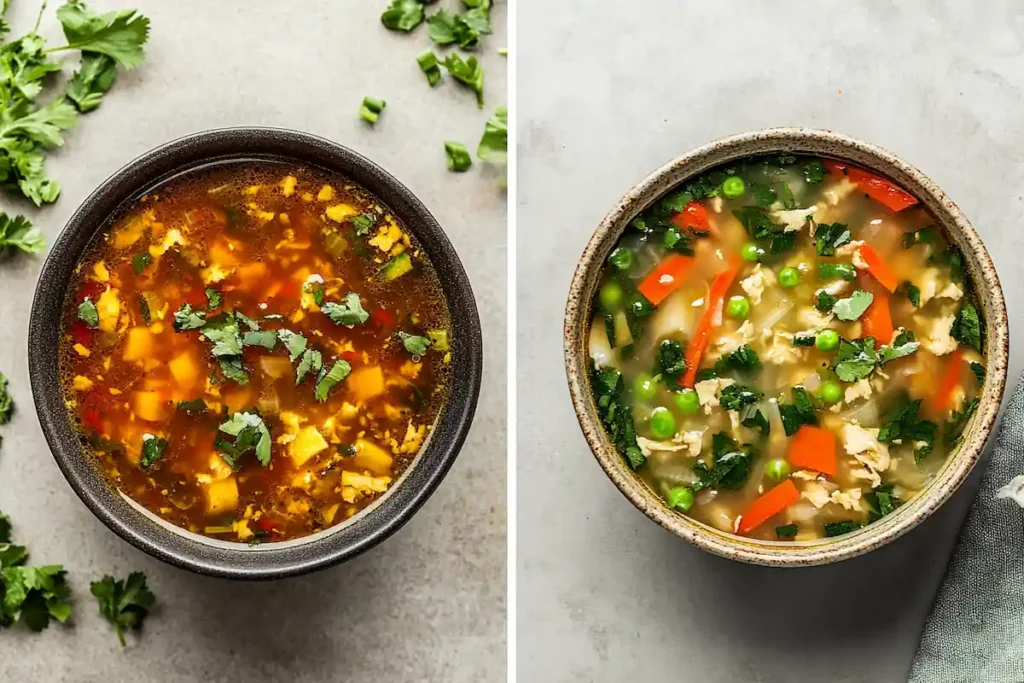 Split image comparing traditional and lightened hot and sour soup