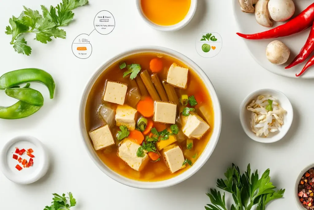 Infographic with ingredients and tips for lower calorie hot and sour soup