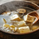 Steaming bowl of hot and sour soup with tofu, mushrooms, and bamboo shoots