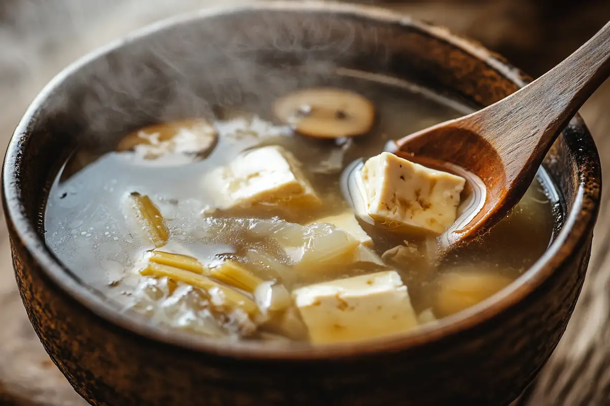 Steaming bowl of hot and sour soup with tofu, mushrooms, and bamboo shoots