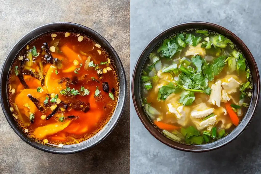 Split image comparing traditional and healthy hot and sour soup