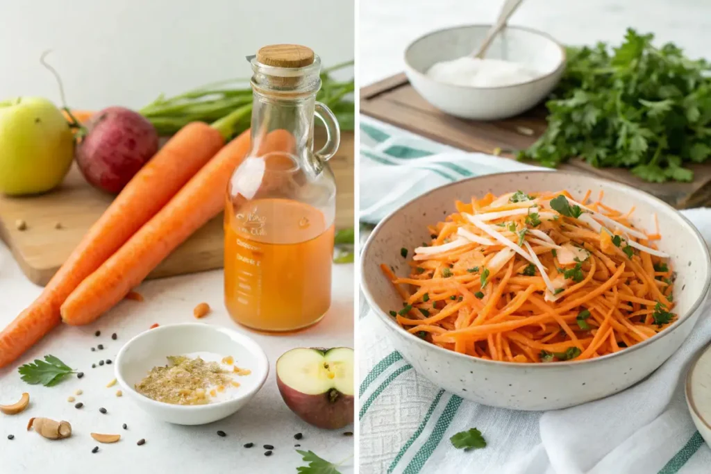 Split image of ray peat carrot salad ingredients and completed salad