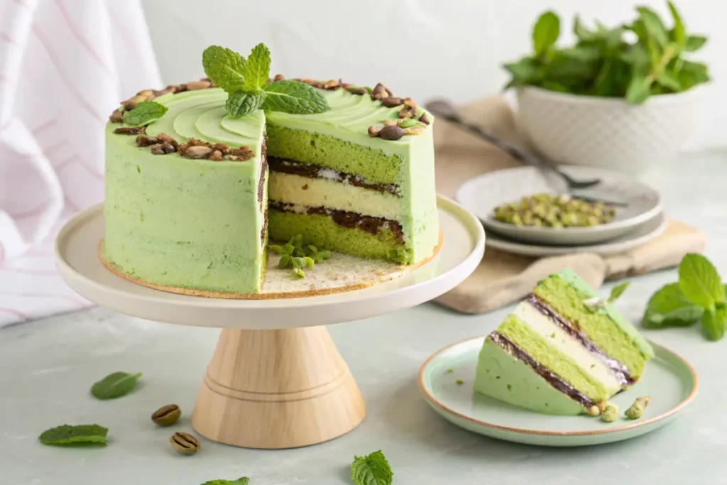 A detailed, layered green ice cream cake with fresh toppings.