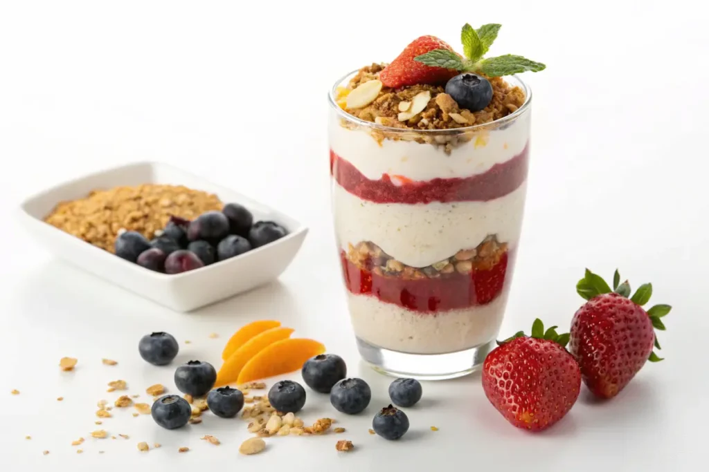 A stylized image of a layered protein pudding parfait in a tall clear glass.