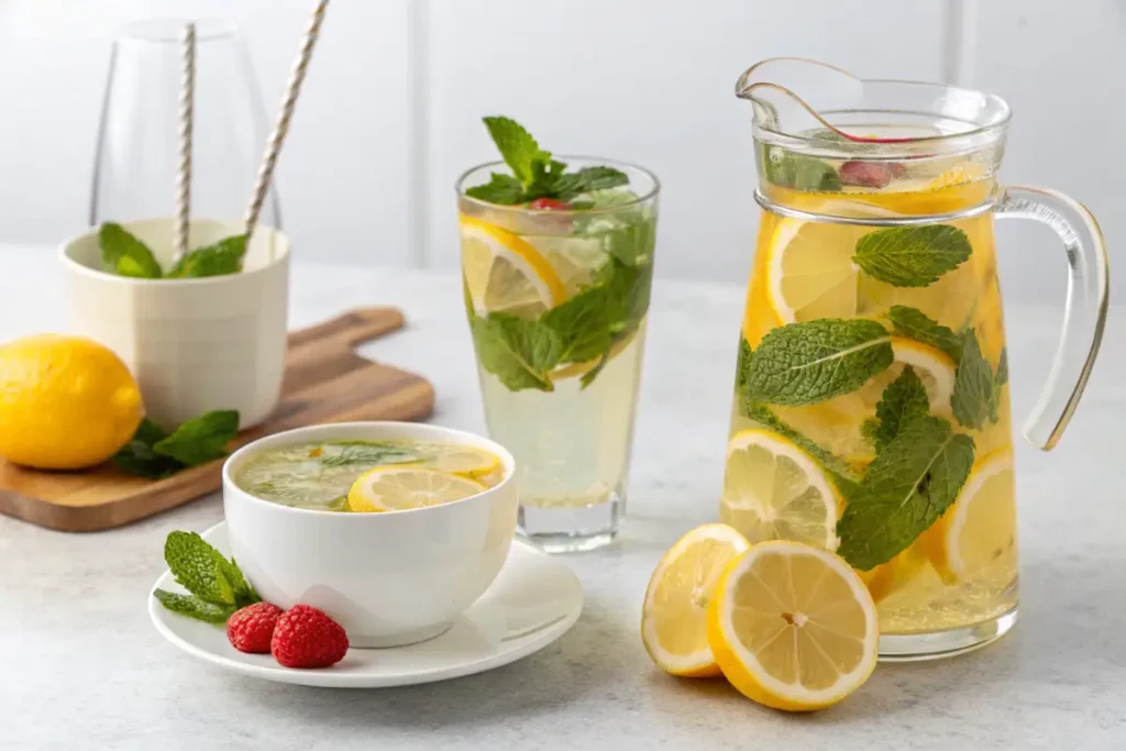 A bright, inviting image showing different ways to prepare lemon balm drinks: fresh tea, iced beverage with fruit, and a simple infusion.