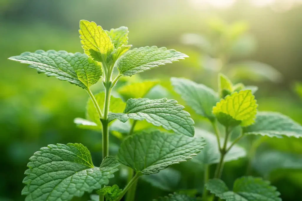 Close-up of fresh lemon balm leaves in a garden, highlighting their texture and vibrant green color.