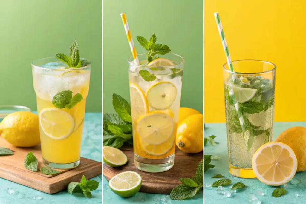  A collage of various lemon balm drinks, including iced tea, infused water, and lemonade, presented in a bright, appealing manner.