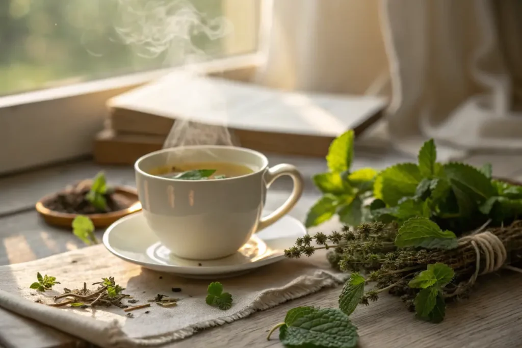 A calming scene of a steaming cup of lemon balm tea with visible herbs, alongside a relaxing, minimalist setting.