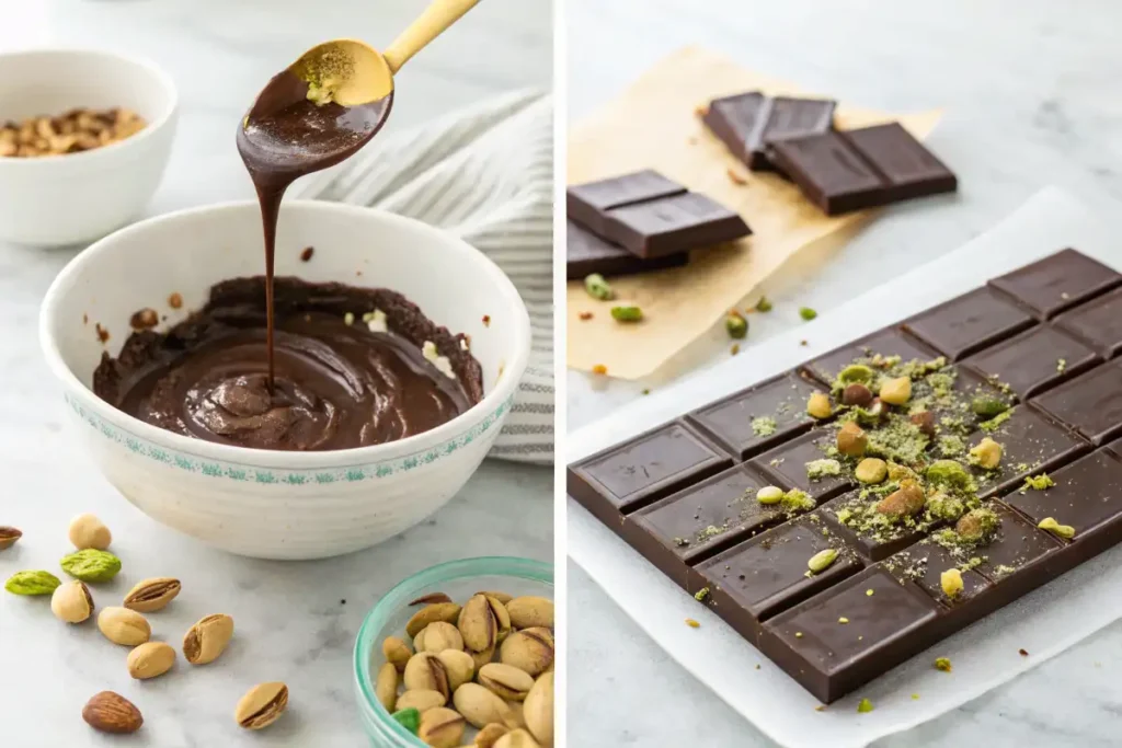 A step-by-step photo series showing the process of making a homemade pistachio chocolate bar.