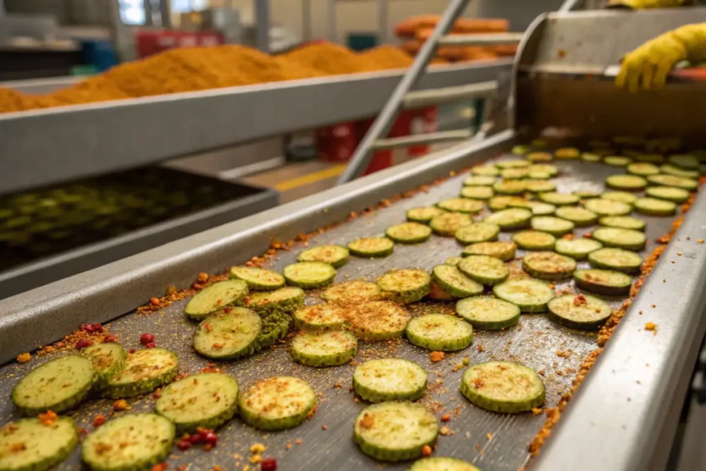 Overhead view of spicy dill pickle chips being coated with spices.