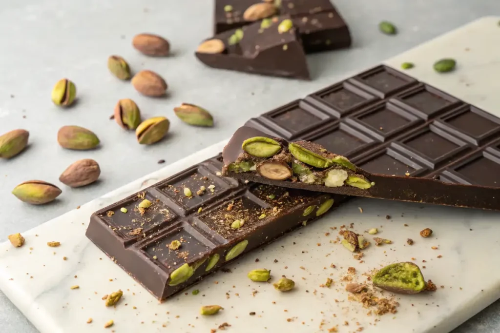 A close-up shot of a chocolate bar with pistachios embedded.