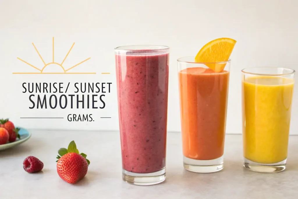 A comparison of small, medium, and large Sunrise/Sunset Smoothies with their sugar content labeled.