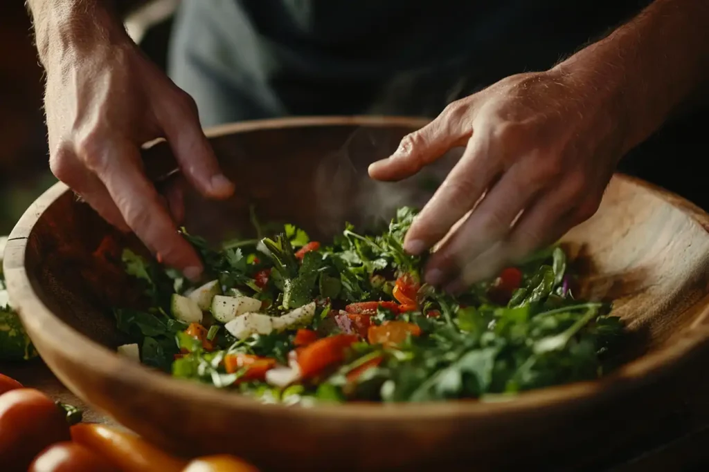 Close-up of hands tossing salad ingredients in a wooden bowl.