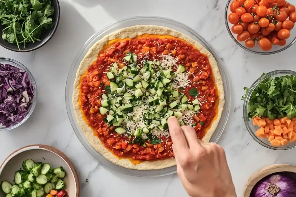  A scene of a dairy free pizza being prepared in a kitchen.