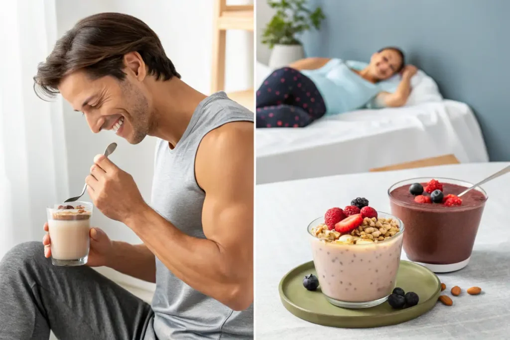 A split screen showing protein pudding as a post-workout and bedtime snack.