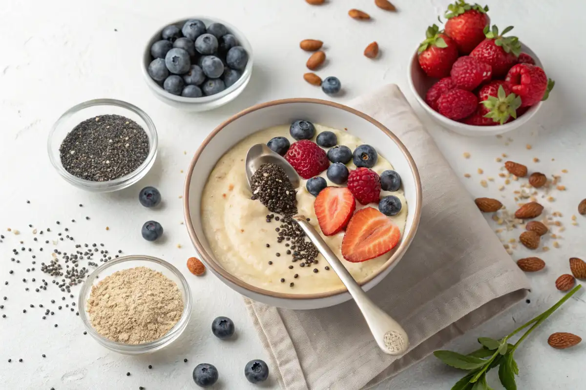 A bowl of protein pudding surrounded by protein sources and fresh berries.