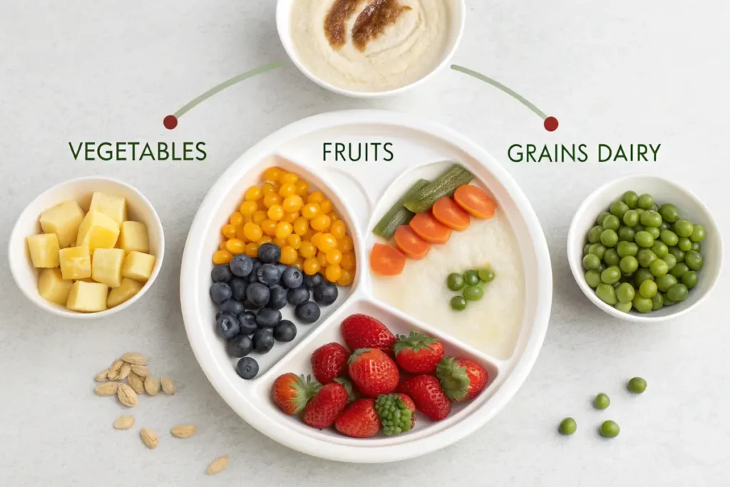 An infographic showing a balanced plate with protein pudding as a part of a healthy meal.