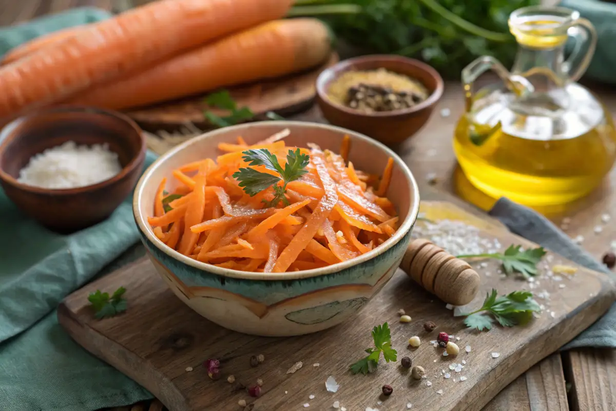 Close-up of ray peat carrot salad with visible coconut oil