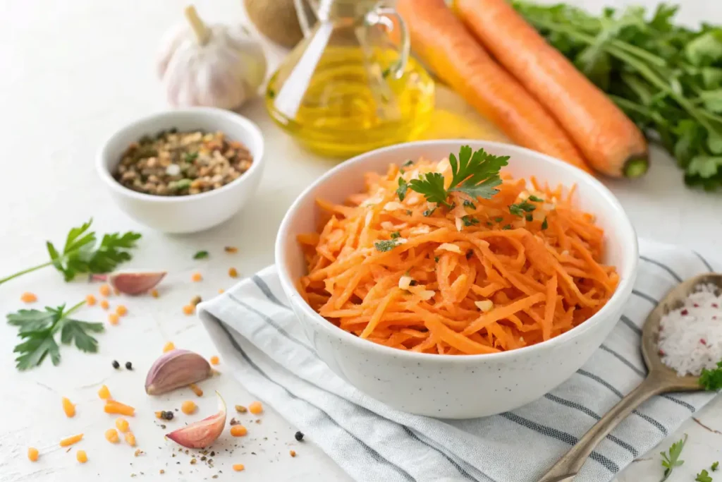 Overhead shot of ray peat carrot salad with grated carrots, coconut oil, and apple cider vinegar