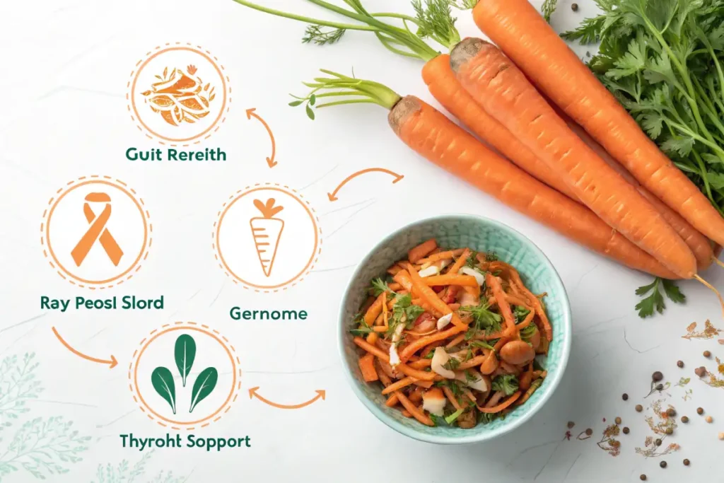 Stylized image showing health benefits of ray peat carrot salad