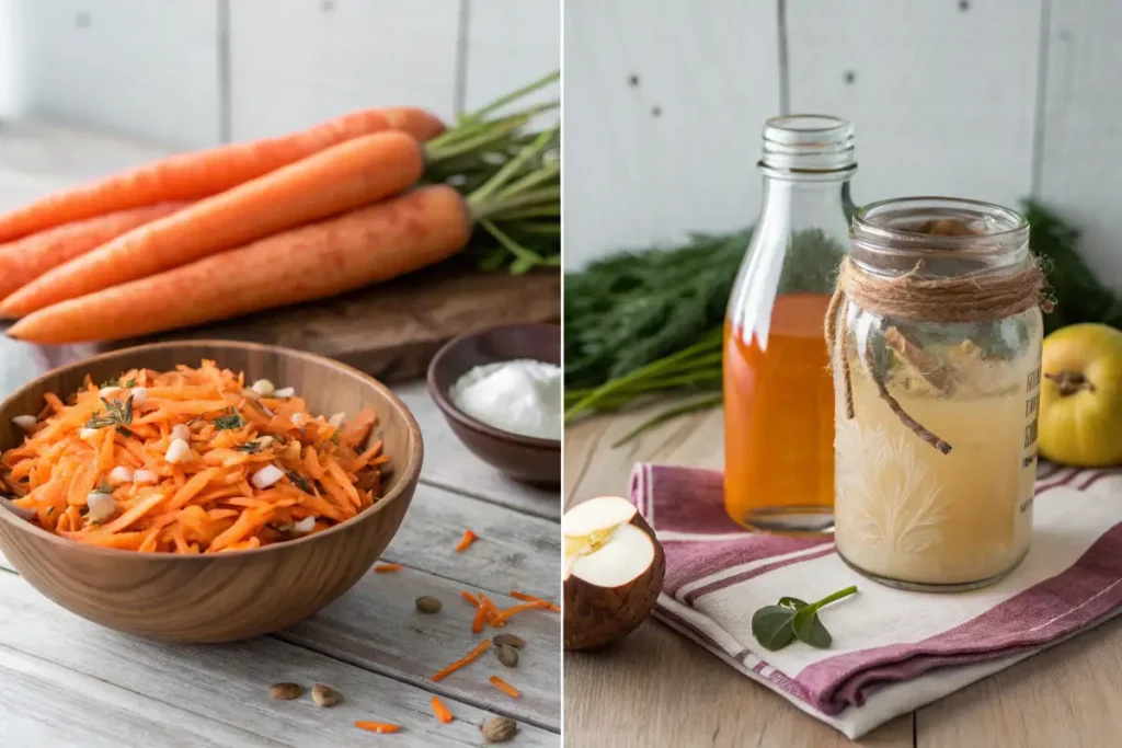 Split image of raw carrots, coconut oil, apple cider vinegar, and finished ray peat carrot salad